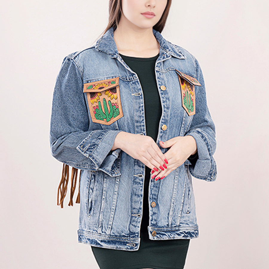 American Darling Genuine leather Hand tooled carved Women 100% cotton Denim jacket dress ladies girl | Shirt for