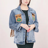 ADJKT007 Genuine leather Hand tooled hand carved Women 100% cotton Denim jacket dress ladies girl