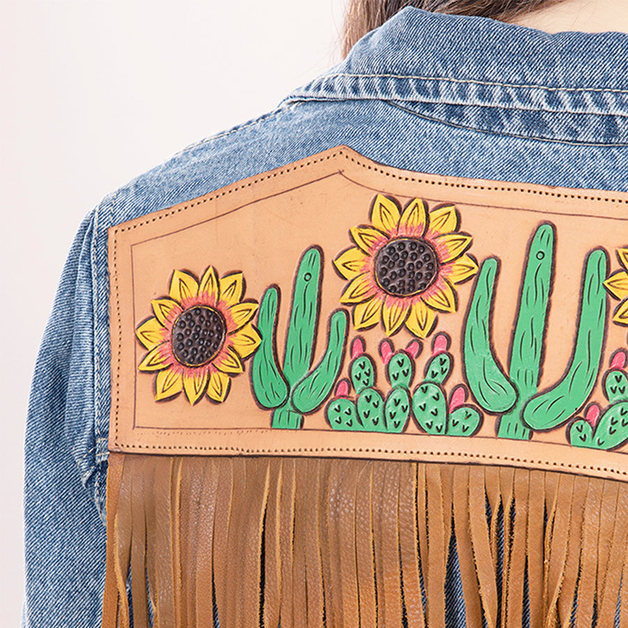 American Darling Genuine leather Hand tooled carved Women 100% cotton Denim jacket dress ladies girl | Shirt for
