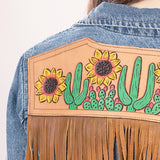 ADJKT007 Genuine leather Hand tooled hand carved Women 100% cotton Denim jacket dress ladies girl