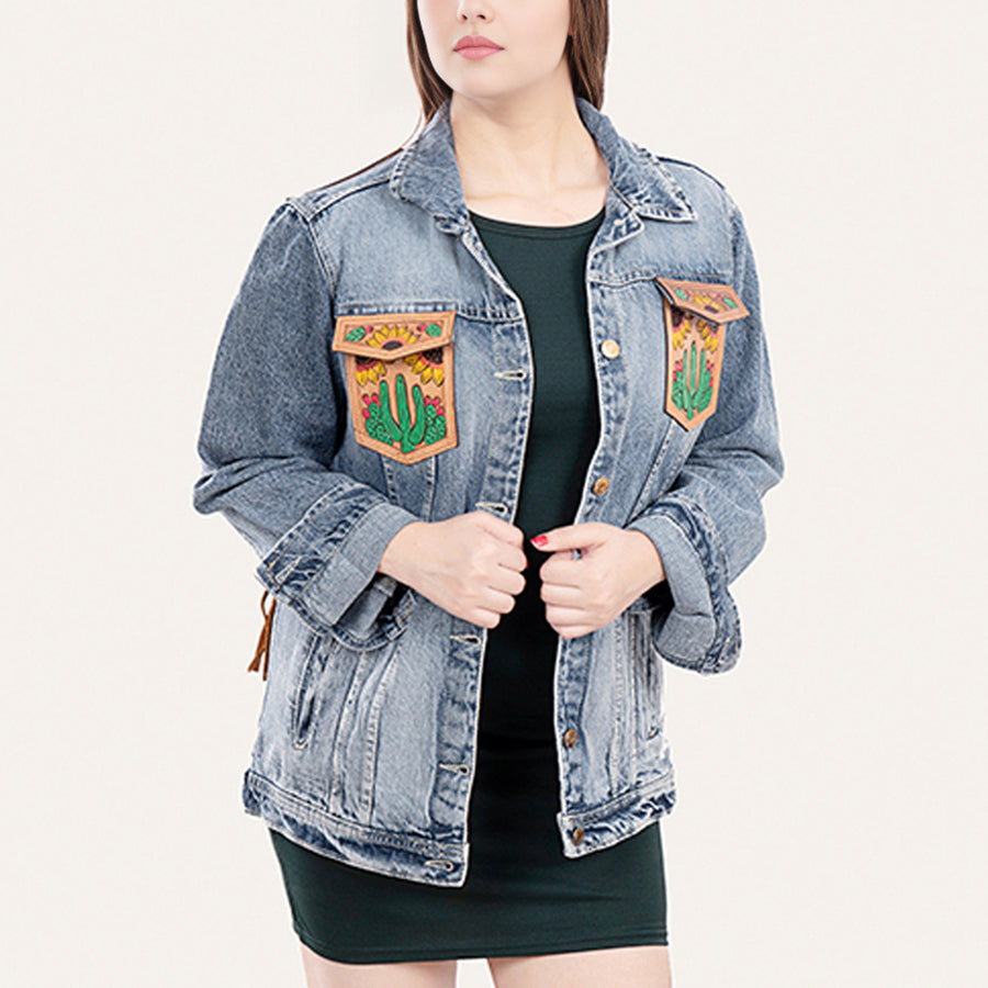 American Darling Genuine leather Hand tooled carved Women 100% cotton Denim jacket dress ladies girl | Shirt for