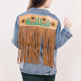 ADJKT007 Genuine leather Hand tooled hand carved Women 100% cotton Denim jacket dress ladies girl