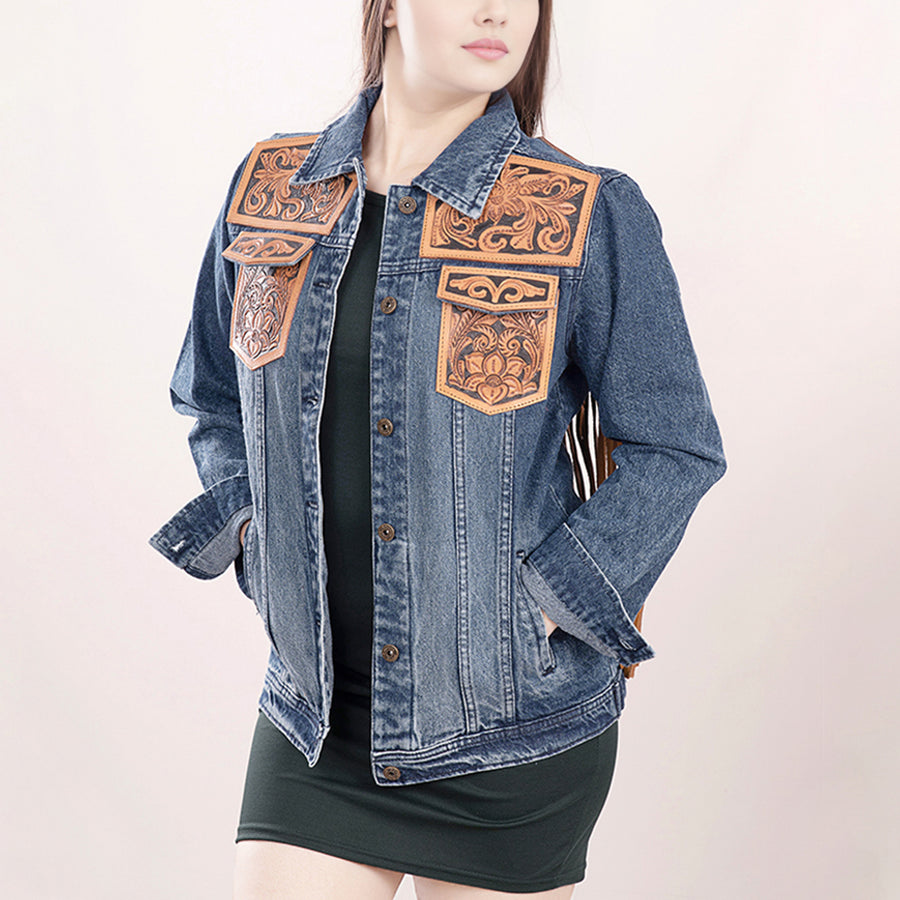 American Darling Genuine leather Hand tooled carved Women 100% cotton Denim jacket dress ladies girl | Shirt for