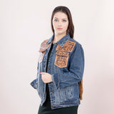 ADJKT008 Genuine leather Hand tooled hand carved Women 100% cotton Denim jacket  dress ladies girl