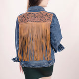 ADJKT008 Genuine leather Hand tooled hand carved Women 100% cotton Denim jacket dress ladies girl