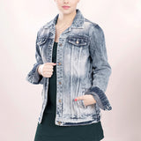 ADJKT010 Genuine leather Hand tooled hand carved Women 100% cotton Denim jacket dress ladies girl