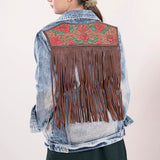 ADJKT010 Genuine leather Hand tooled hand carved Women 100% cotton Denim jacket dress ladies girl