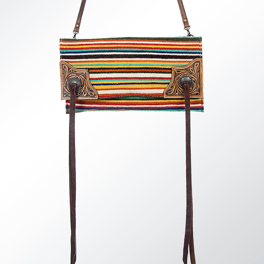 American Darling Cross body Bag Western Hand Tooled Genuine Leather Purse with Hand Woven Saddle Blanket Concho & Tassels