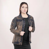 ADJKT012 Genuine leather Hand tooled hand carved Women 100% cotton Denim jacket  dress ladies girl