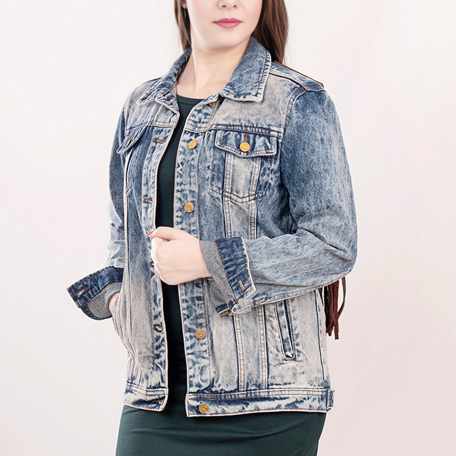American Darling Genuine leather Hand tooled carved Women 100% cotton Denim jacket dress ladies girl | Shirt for