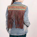ADJKT015 Genuine leather Hand tooled hand carved Women 100% cotton Denim jacket dress ladies girl