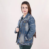 ADJKT017 Genuine leather Hand tooled hand carved Women 100% cotton Denim jacket  dress ladies girl