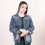 ADJKT017 Genuine leather Hand tooled hand carved Women 100% cotton Denim jacket  dress ladies girl