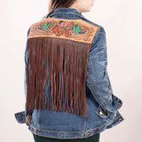 ADJKT017 Genuine leather Hand tooled hand carved Women 100% cotton Denim jacket  dress ladies girl