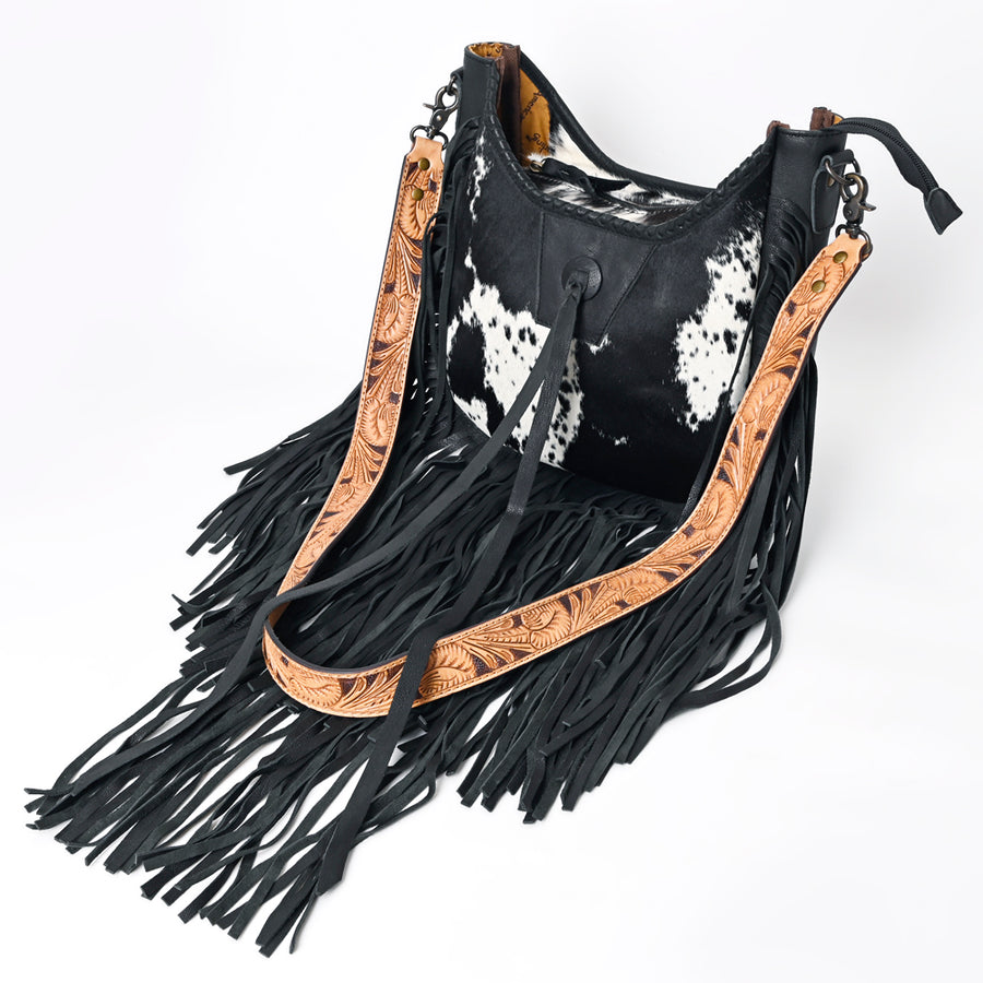 American Darling Hobo Bag Western Leather Hair-On Cowhide Purse with Fringes Hand Tooled Strap and YKK Zipper