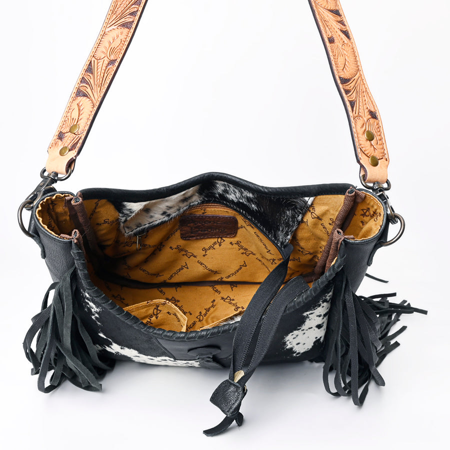 American Darling Hobo Bag Western Leather Hair-On Cowhide Purse with Fringes Hand Tooled Strap and YKK Zipper