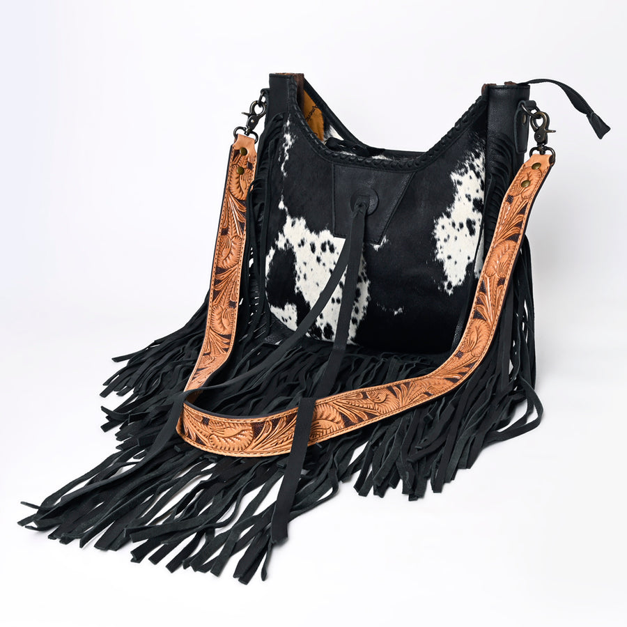American Darling Western Black Leather Hobo Bag with Hair-On Cowhide and Hand Tooled Strap - Uhorse