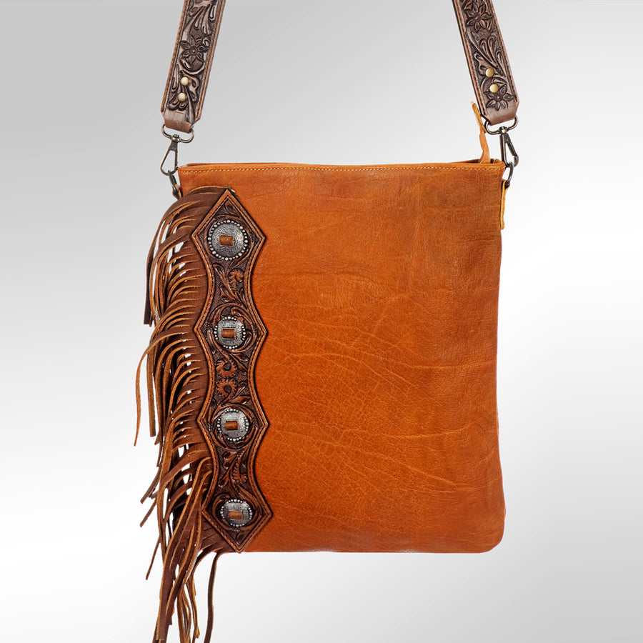 American Darling Chaps Bag Handcrafted from Hand Tooled Floral Leather with Metallic Conchos, Fringes, and YKK Zipper