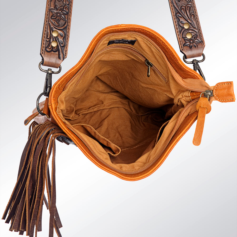 American Darling Chaps Bag Handcrafted from Hand Tooled Floral Leather with Metallic Conchos, Fringes, and YKK Zipper