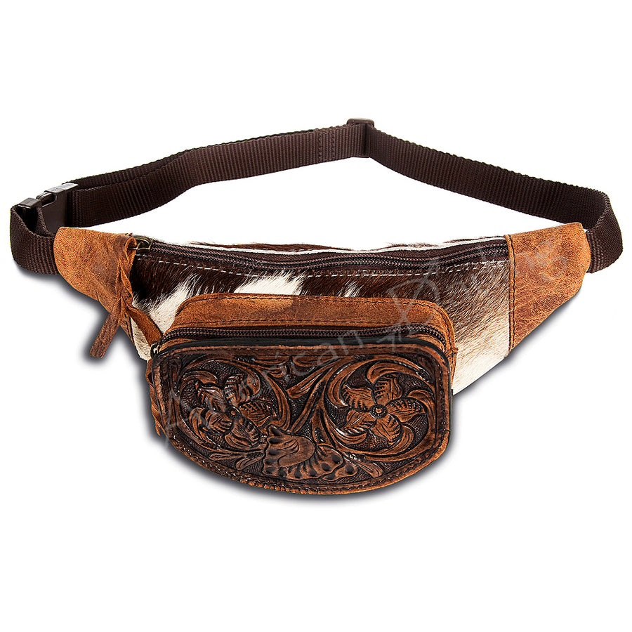 American Darling Hand Tooled Floral and Hair-On Cowhide Western Fanny pack - Uhorse