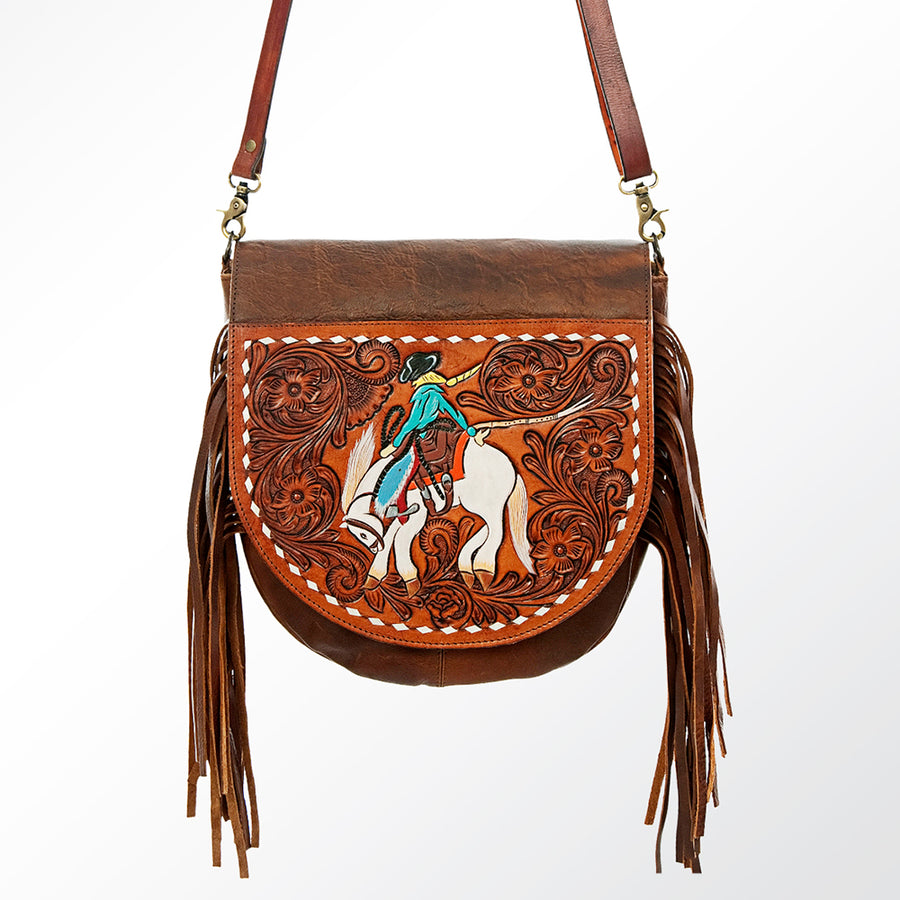 American Darling Messenger Hand Tooled Floral Carved Genuine Leather with Fringes Buck Stitched Western Accessories