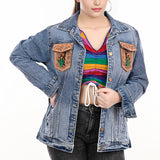 ADJKT001 Genuine leather Hand tooled hand carved Women 100% cotton Denim jacket dress ladies girl