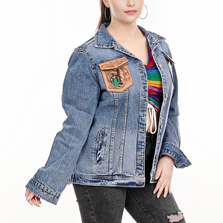 American Darling Genuine leather Hand tooled carved Women 100% cotton Denim jacket dress ladies girl | Shirt for
