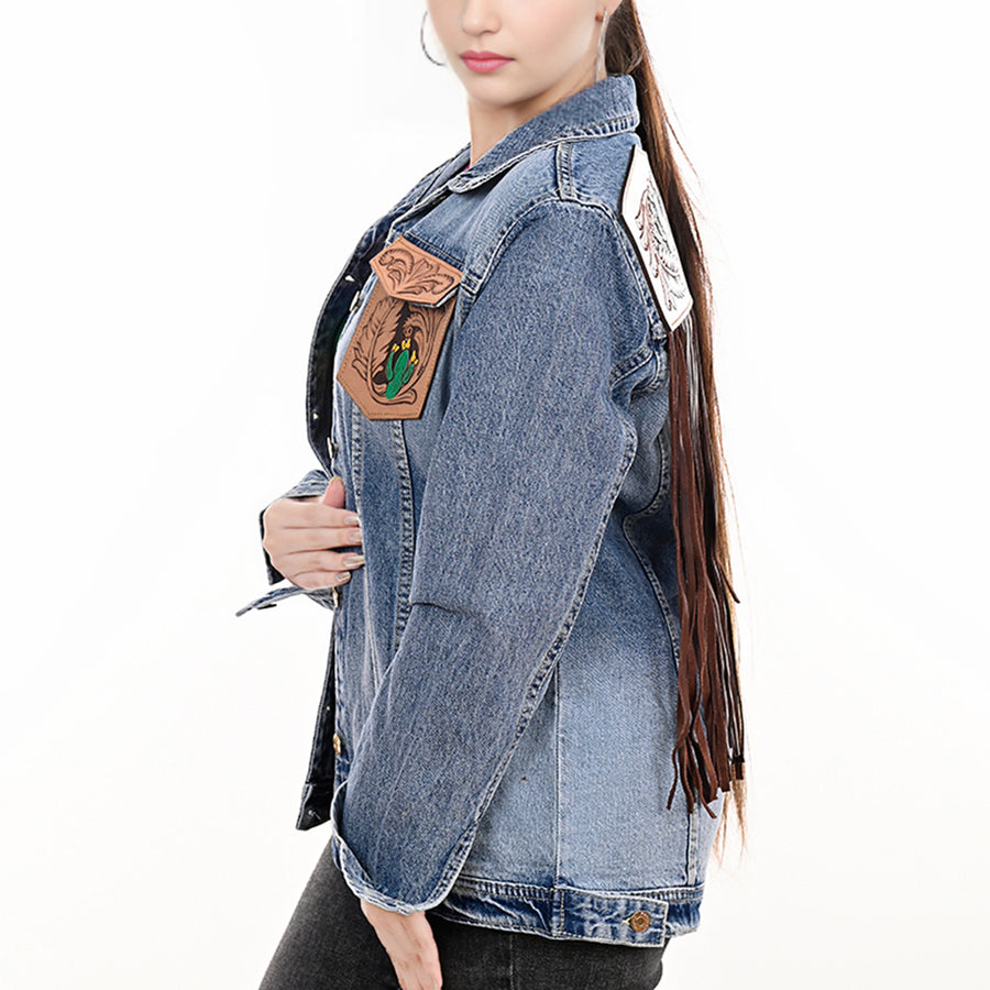 American Darling Genuine leather Hand tooled carved Women 100% cotton Denim jacket dress ladies girl | Shirt for
