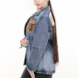 ADJKT001 Genuine leather Hand tooled hand carved Women 100% cotton Denim jacket dress ladies girl