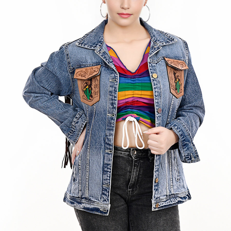 American Darling Genuine leather Hand tooled carved Women 100% cotton Denim jacket dress ladies girl | Shirt for