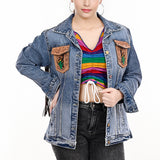 ADJKT001 Genuine leather Hand tooled hand carved Women 100% cotton Denim jacket dress ladies girl