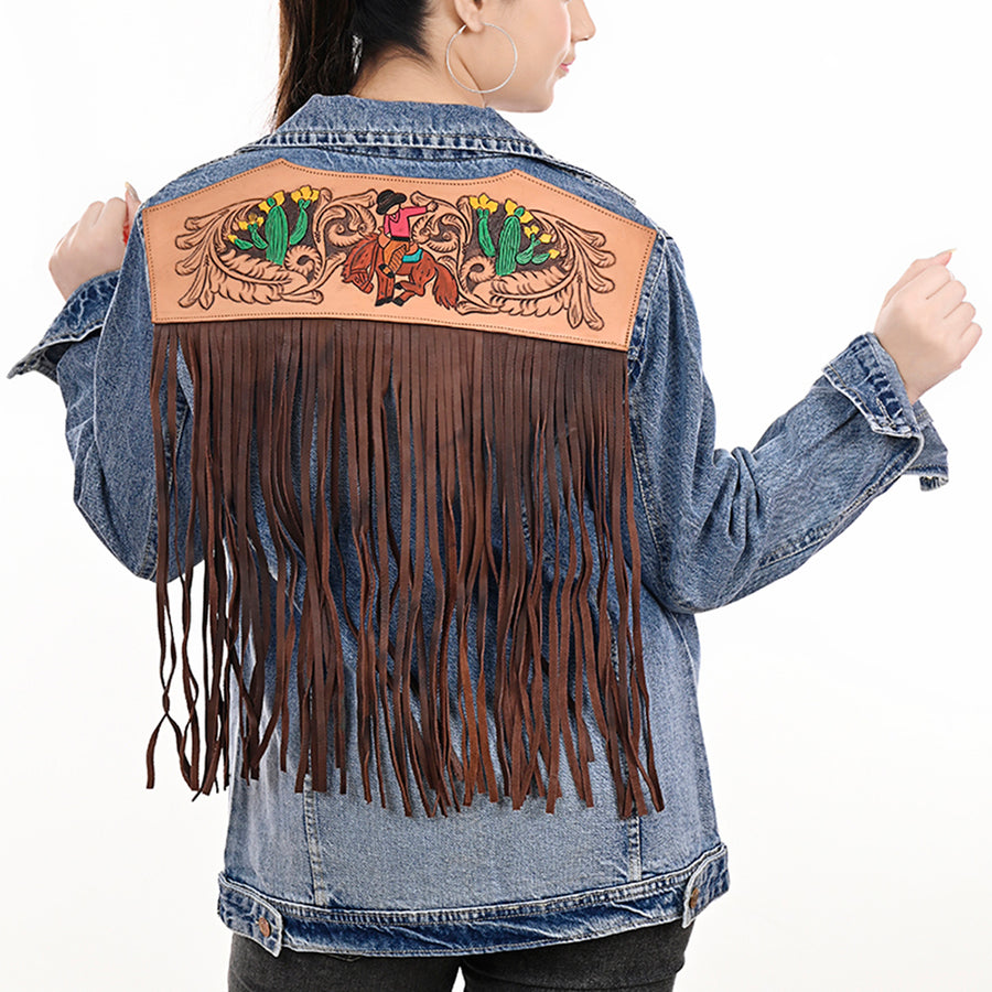 American Darling Women 100% Cotton Denim Jacket Dress Genuine Hand-Tooled Leather Floral Carved - Uhorse
