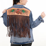 ADJKT001 Genuine leather Hand tooled hand carved Women 100% cotton Denim jacket dress ladies girl