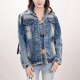 ADJKT005 Genuine leather Hand tooled hand carved Women 100% cotton Denim jacket dress ladies girl