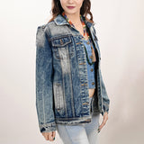 ADJKT005 Genuine leather Hand tooled hand carved Women 100% cotton Denim jacket dress ladies girl
