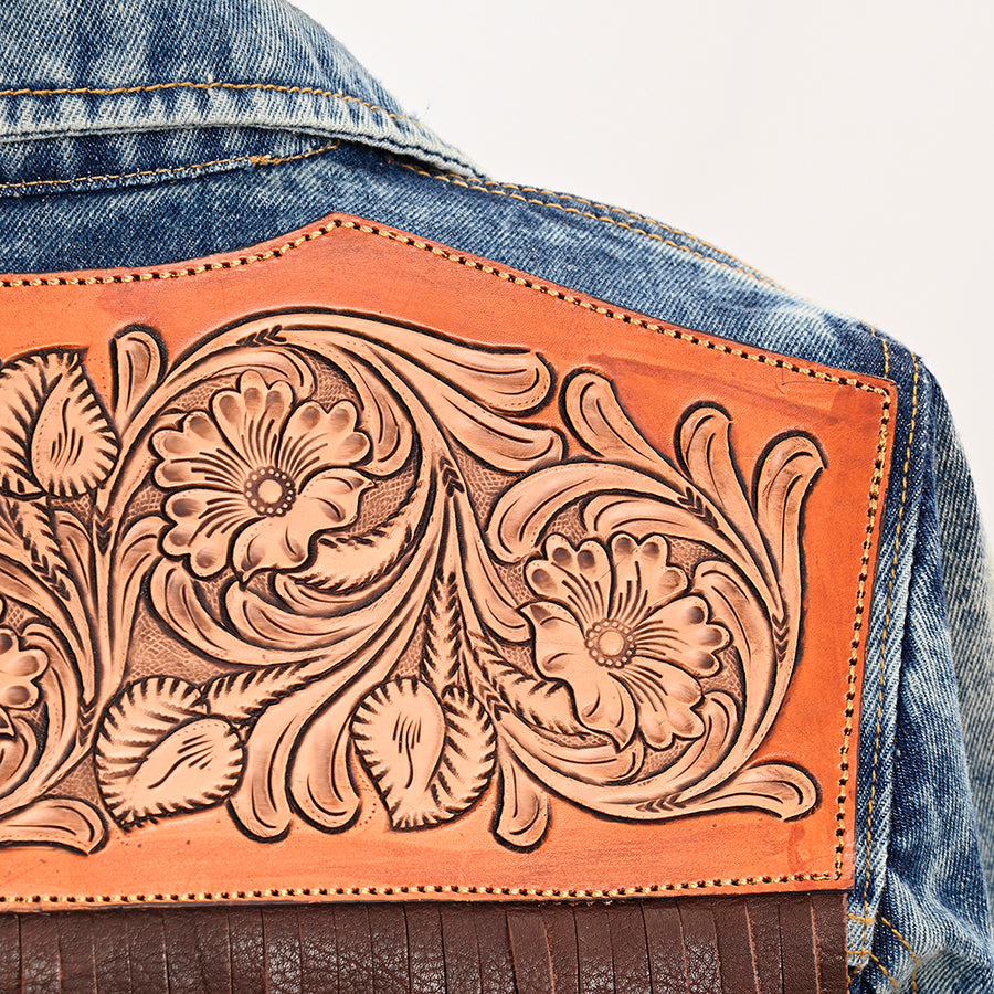 American Darling Genuine leather Hand tooled carved Women 100% cotton Denim jacket dress ladies girl | Shirt for