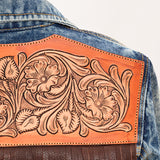 ADJKT005 Genuine leather Hand tooled hand carved Women 100% cotton Denim jacket dress ladies girl