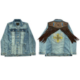 ADJKT608 Genuine leather Hand tooled hand carved Women 100% cotton Denim jacket  dress ladies girl
