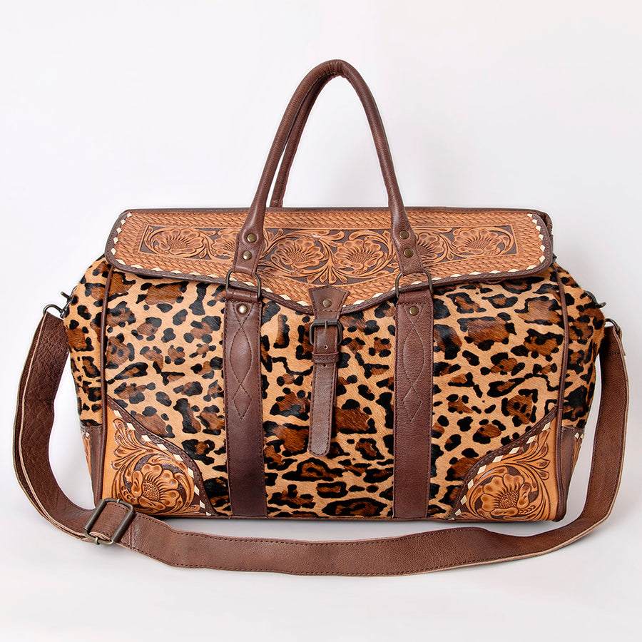 American Darling Duffel Bag Hand Tooled Floral Carved Hair-On Cowhide Genuine Vegetable Tanned Leather Travel Bag YKK Zipper