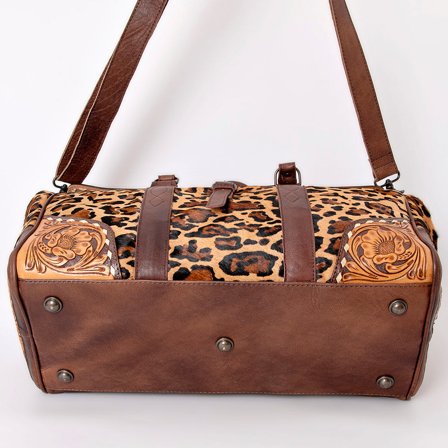 American Darling Duffel Bag Hand Tooled Floral Carved Hair-On Cowhide Genuine Vegetable Tanned Leather Travel Bag YKK Zipper