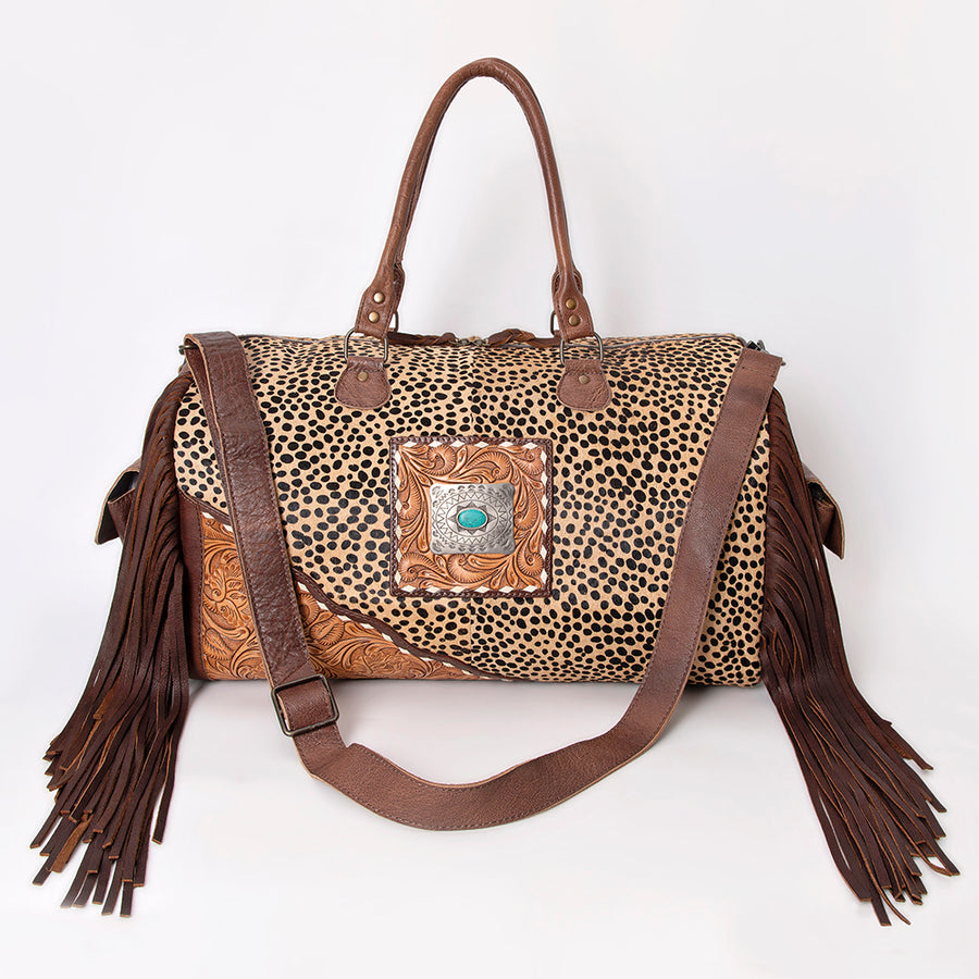American Darling Duffel Bag Hand Tooled Floral Carved Hair-On Cowhide Genuine Leather Western Travel Bag with Fringes & YKK Zipper