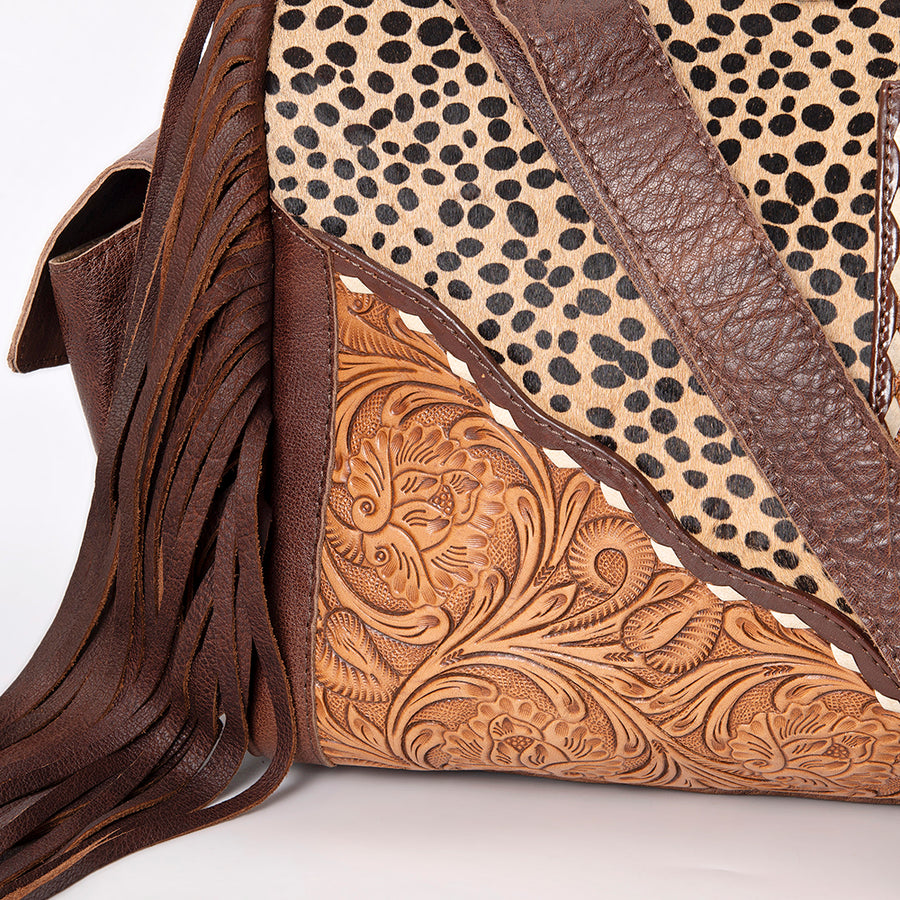 American Darling Duffel Bag Hand Tooled Floral Carved Hair-On Cowhide Genuine Leather Western Travel Bag with Fringes & YKK Zipper