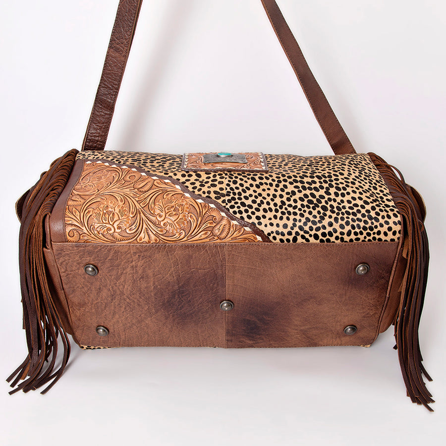 American Darling Duffel Bag Hand Tooled Floral Carved Hair-On Cowhide Genuine Leather Western Travel Bag with Fringes & YKK Zipper