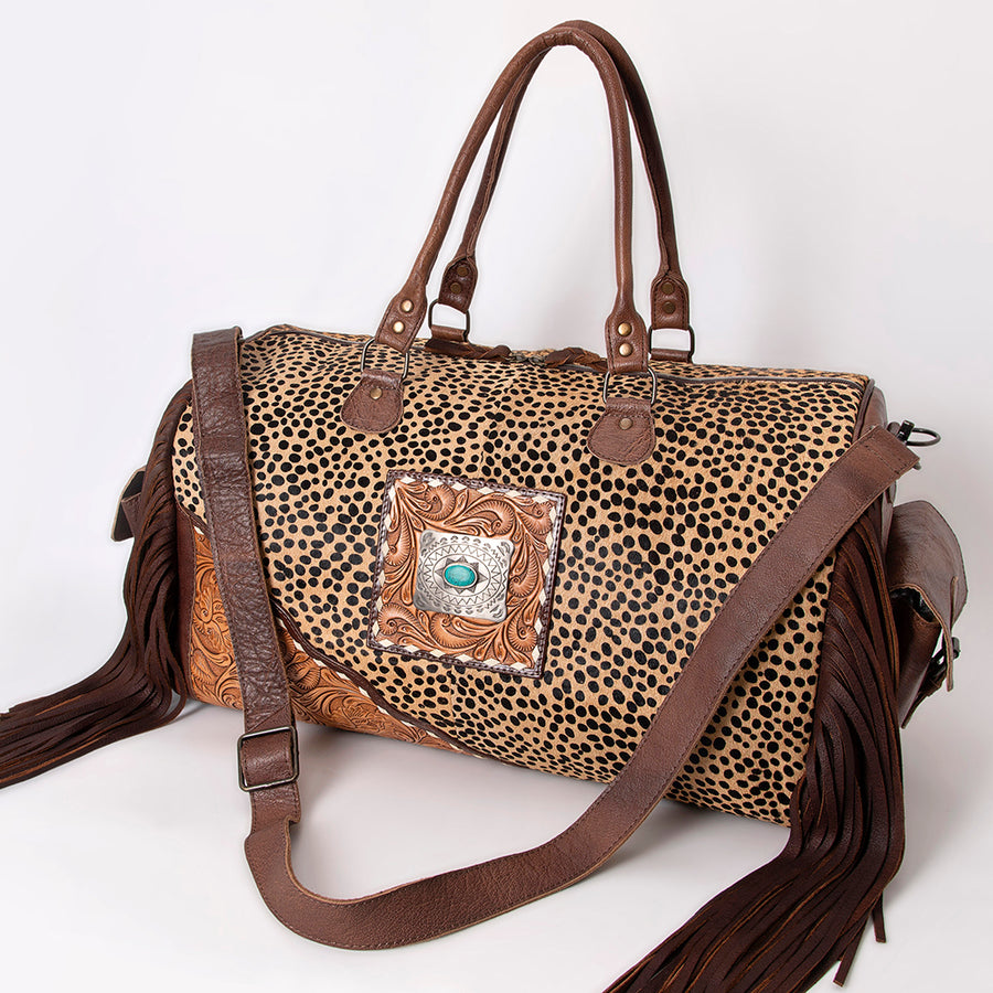 American Darling Hand Tooled Floral and Hair-On Cowhide Western Leather Duffel Bag with Fringes - Uhorse