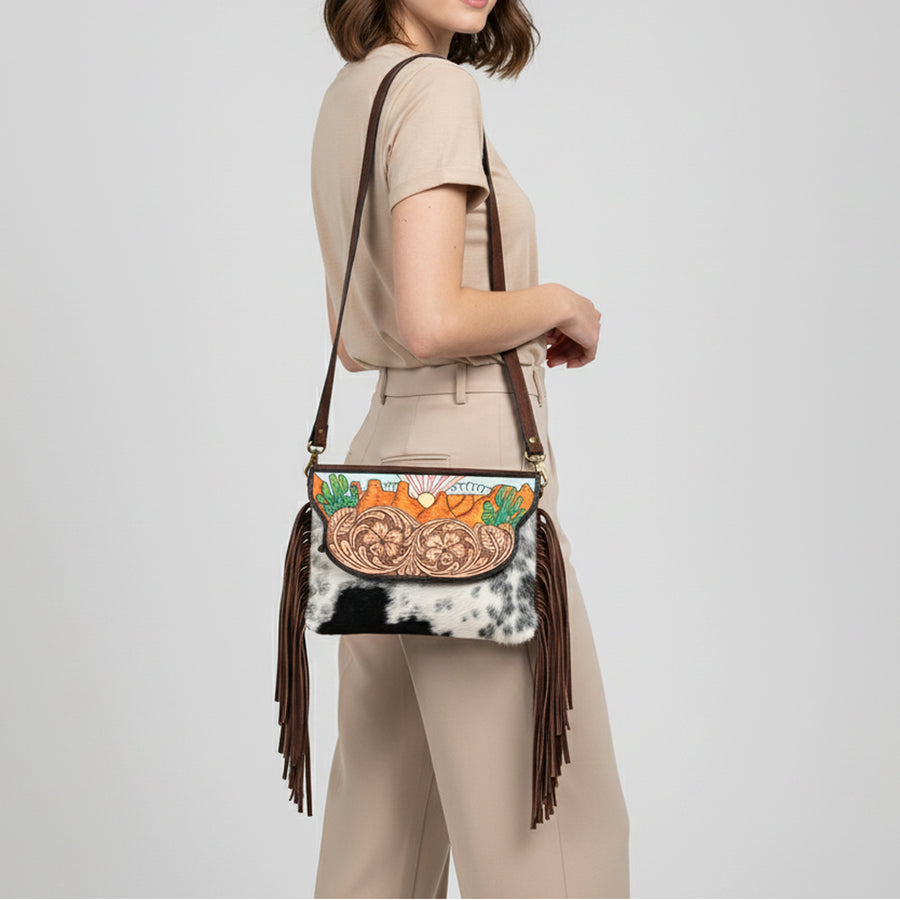 American Darling Genuine Leather Messenger Bag Women Hair-On Cowhide Floral Hand Tooled Crossbody Purse with Fringe YKK Zipper