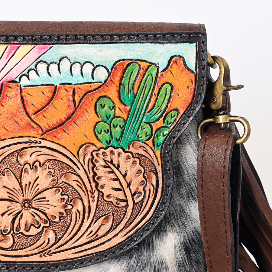 American Darling Genuine Leather Messenger Bag Women Hair-On Cowhide Floral Hand Tooled Crossbody Purse with Fringe YKK Zipper