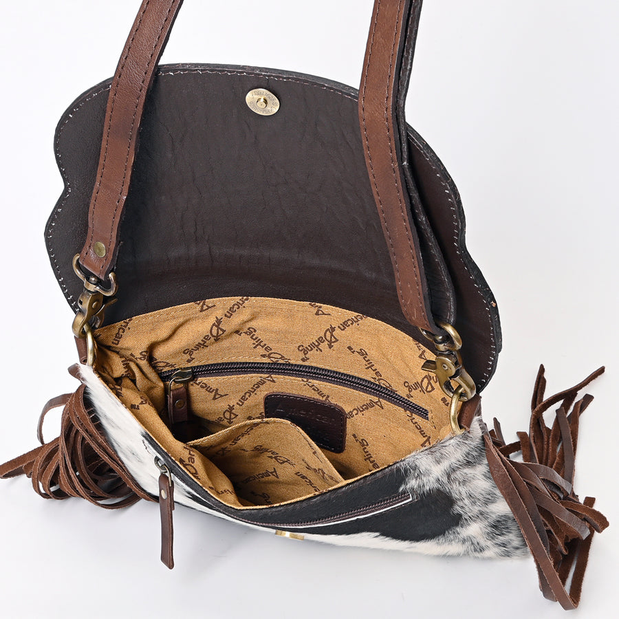 American Darling Genuine Leather Messenger Bag Women Hair-On Cowhide Floral Hand Tooled Crossbody Purse with Fringe YKK Zipper