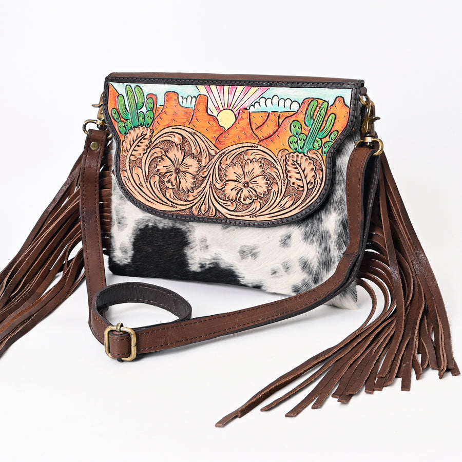 American Darling Hair-On Cowhide Tooled Leather Messenger Bag With Fringe - Uhorse