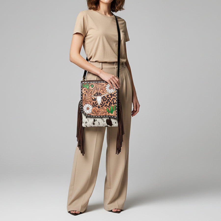 American Darling Genuine Leather Messenger Bag Women Hair-On Cowhide Hand Tooled Floral Buck Stitched Purse with Fringe