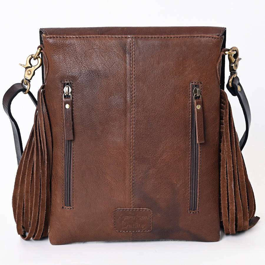 American Darling Genuine Leather Messenger Bag Women Hair-On Cowhide Hand Tooled Floral Buck Stitched Purse with Fringe